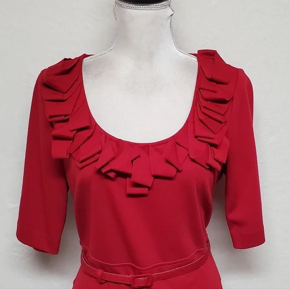 Retro Julian Taylor Red Front Ruffle Scoop Neck Belted Short Sleeve Midi Dress - Picture 3 of 15